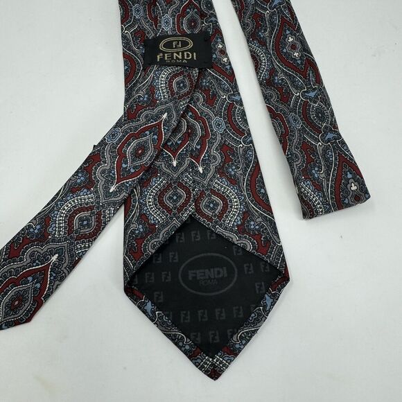 Fendi-Roma Vintage Silk Neck Tie-Paisley Print-Made in Italy Red Blue - Picture 4 of 4